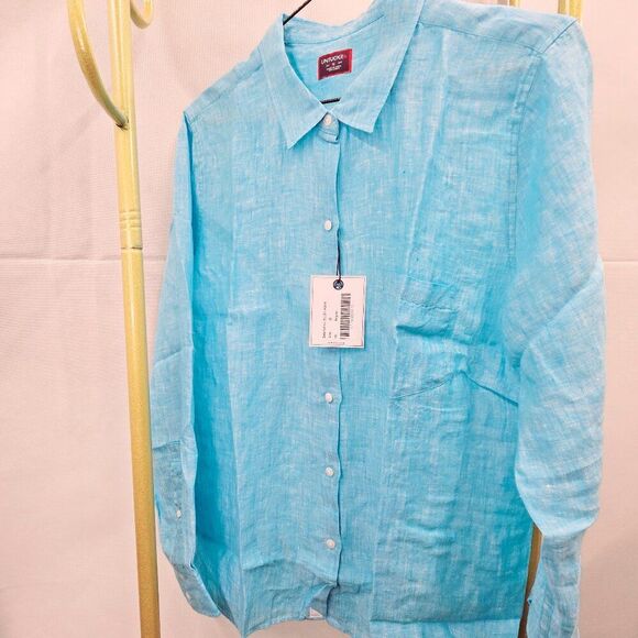 NWT UNTUCKit BLUSH AQUA 100% LINEN LONG SLEEVE BUTTON FRONT SHIRT SIZE 14 - Picture 5 of 9